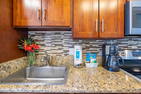 Fully equipped kitchen with coffee maker, rice cooker, kettle, blender and toaster 