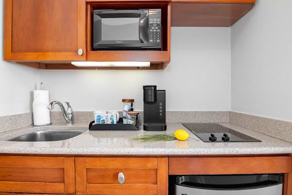 Kitchenette with 2 burner glass-top, minifridge, microwave, coffee maker, toaster, kettle