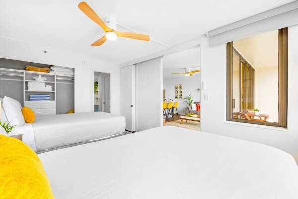 Bathroom has private entrance from bedroom, as well as entrance from main area