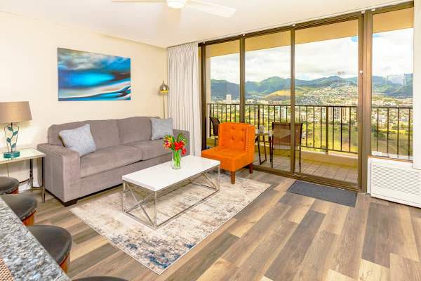 Living room with a pull-out sleeper sofa and beautiful mountain views