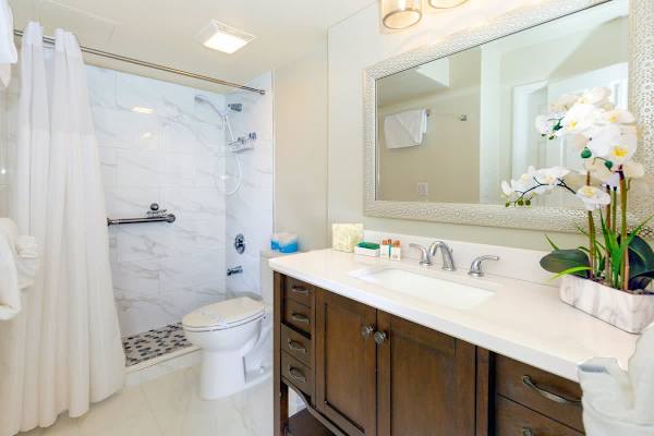 Full bathroom with walk-in shower.