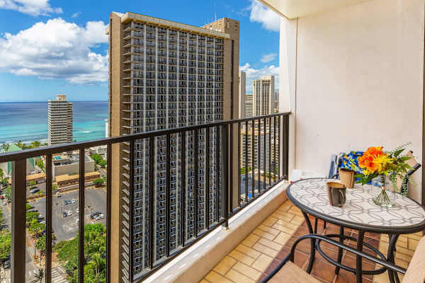 Balcony with beautiful ocean view. Patio furniture for you relaxing time 