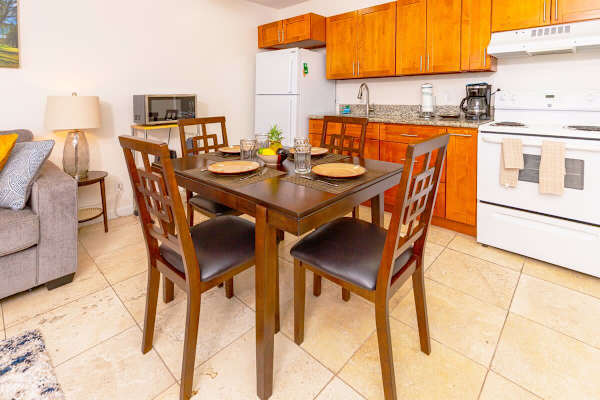 Dining table and chairs for 4 people and a fully equipped kitchen with full-size appliances