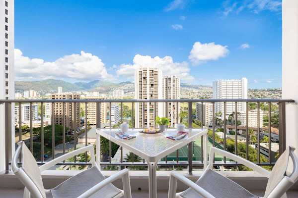 Balcony with patio furniture and great mountain view to watch sunrises
