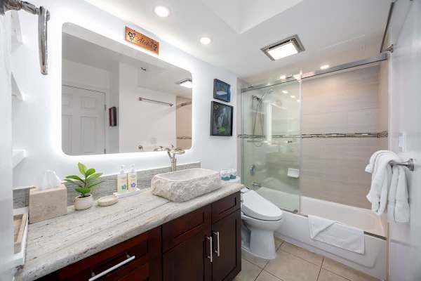 Freshen up in style! Enjoy the modern stone sink, vanity lighting, and a sparkling clean bath/shower combo.