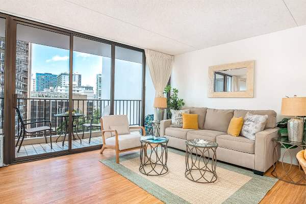 Pull-out sleeper sofa in the living room with coffee table and armchair, and beautiful view.