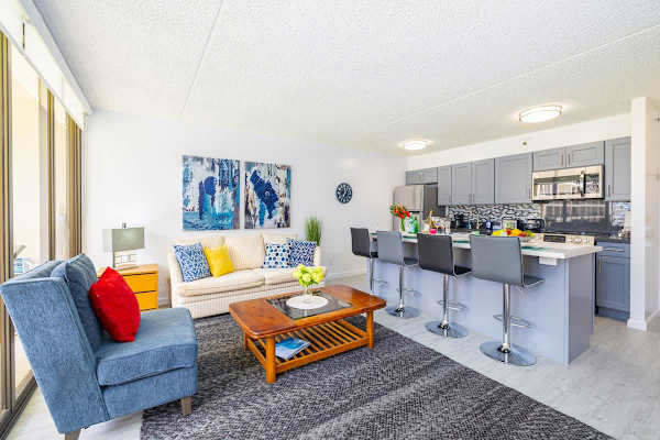 Remodeled and cozy living room with one  pull out sleeper couch