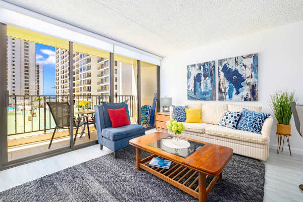 Living room with balcony. Pull out sleeper sofa
