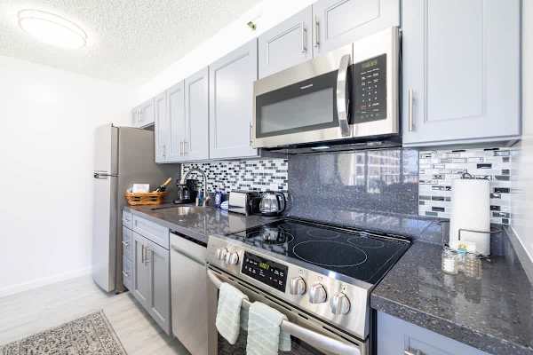 Fully equipped kitchen with stainless steel appliances and dishwasher 