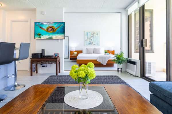 Living room with access to the bathroom and bedroom is separate by sliding door