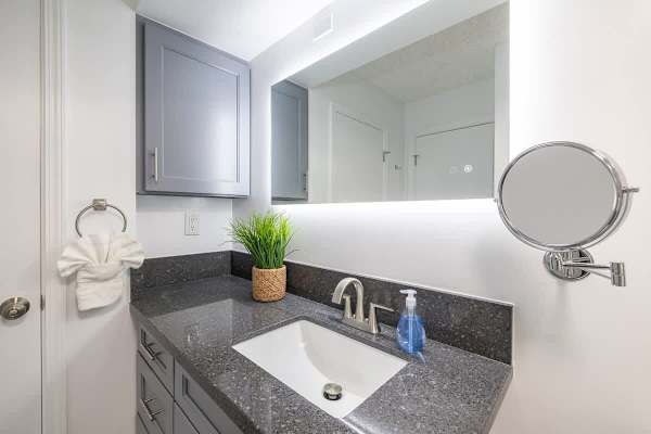 Bathroom with vanity and cabinet