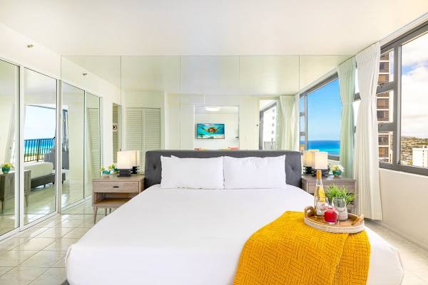 King-size bed and closet in the bedroom 