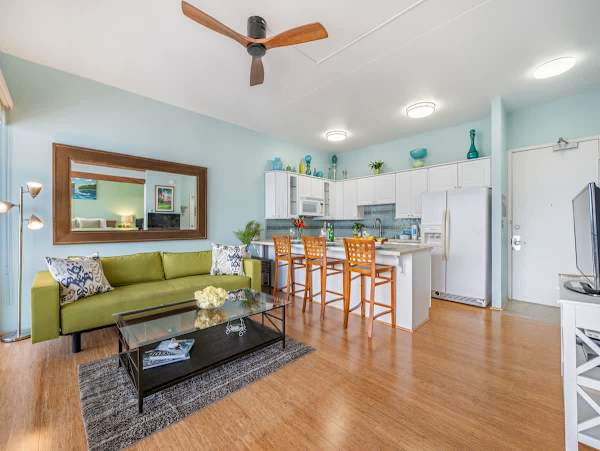 Living room and kitchen with counter top