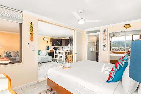 Your bedroom with a sliding door for privacy, a closet, and access to the bathroom.