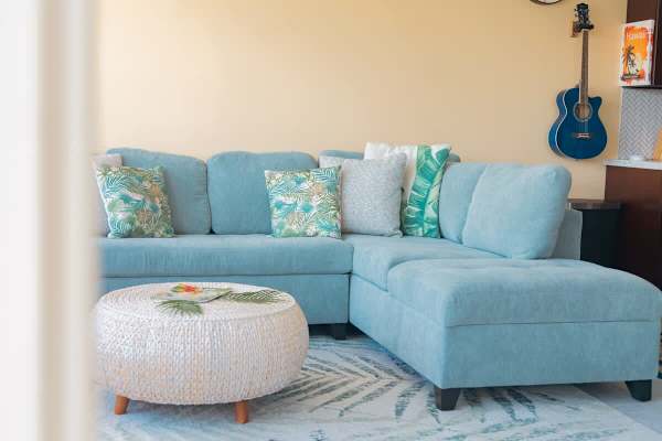 A new sectional pull-out sleeper sofa in the living room.