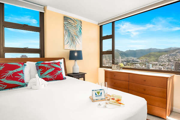 Bedroom with beautiful mountain view.