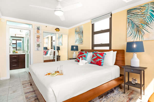 Bedroom with a king-size bed, closet, and access to the bathroom.