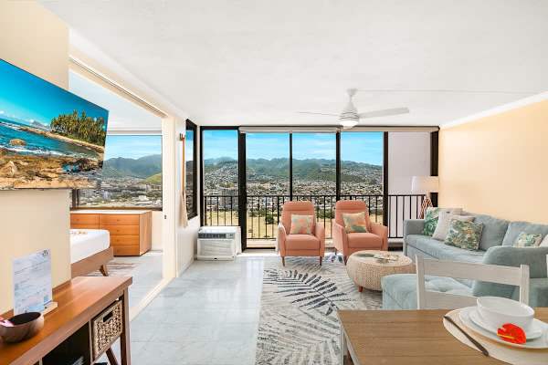 Overview of your beautiful condo with new upgraded furniture.