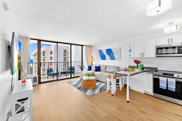 Overview of the living room and kitchen
