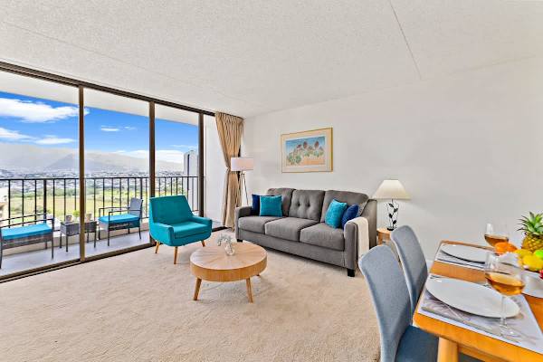 Spacious living area with mountain views. 