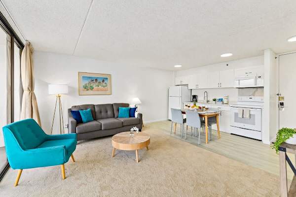 Spacious living room with pull-out sleeper sofa.
