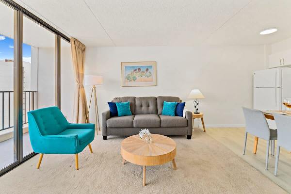 Pull-out sleeper sofa in the living room. 