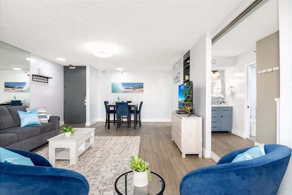 The living area has a 50" smart TV for your entertainment
