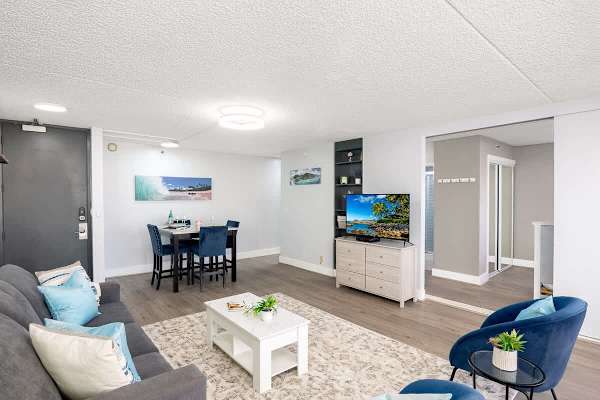 The living area has a 50" smart TV for your entertainment