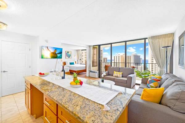 Overview of your dining and living area with flatscreen TV.