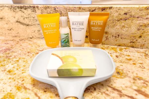 Complementary starter toiletries include soap, shampoo, conditioner, body wash, and lotion