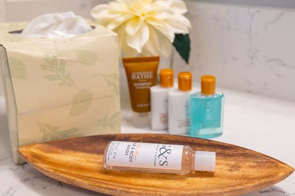 Complimentary toiletries arranged on a wooden tray for guest convenience.