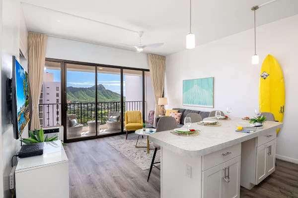 Overview of the living room and dining area