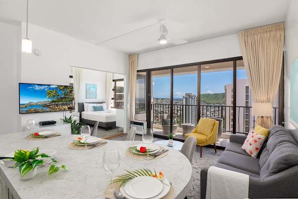 Gorgeous living room with a view of Diamond Head, with all-new furniture