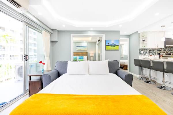 The living room has a queen-size sleeper sofa!