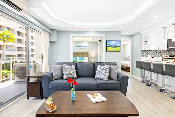 The living room has a queen-size sleeper sofa!
