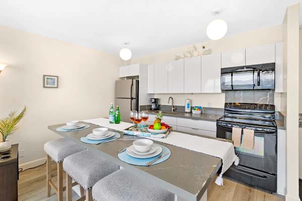 Renovated kitchen with countertop dining area