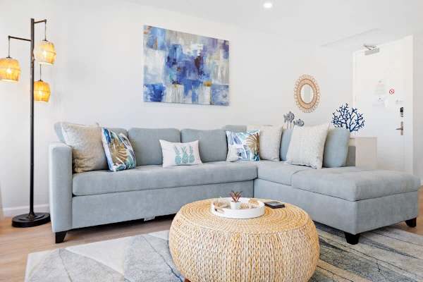 Relax on the L-shaped sofa in the living room!