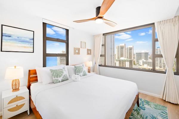 Relax in your bedroom with a king-size bed, ceiling fan, and enjoy the beautiful views from your window!