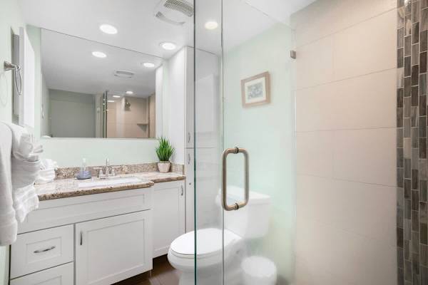 Full bathroom with walk-in shower, vanity with cabinet.