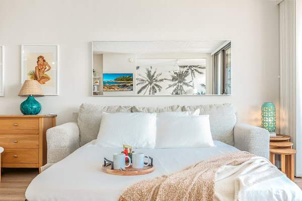 Pull-out sleeper sofa in the living room.