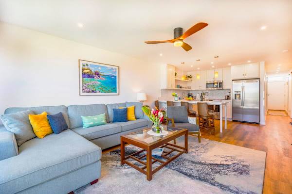 Spacious living room with pull-out sleeper sofa, ceiling fan, coffee table and a chair.