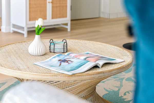 A coffee table in the living room.