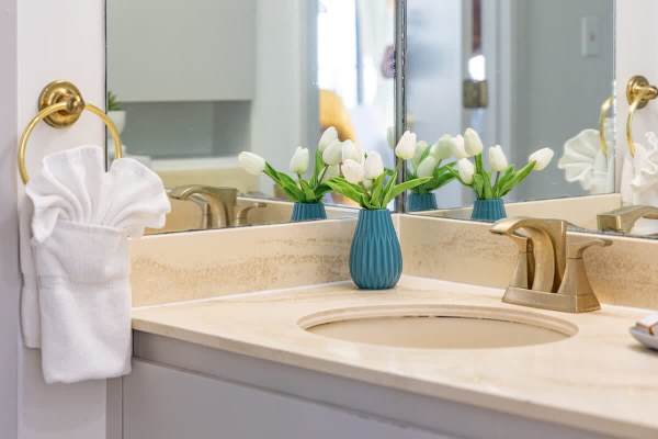 Full bathroom with vanity and a cabinet