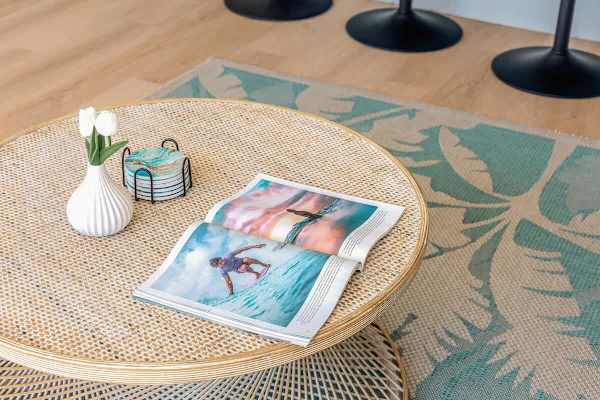 A coffee table in the living room.