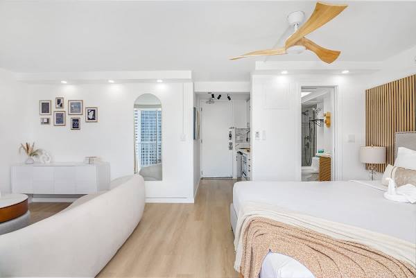 Beautifully remodeled condo with king-size bed.