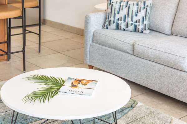 A pull-out sleeper sofa, and coffee table in your living room