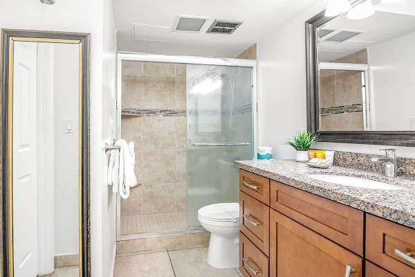 Full bathroom with walk-in shower, a vanity, and a cabinet.