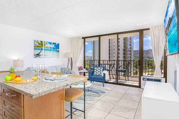 Overview of your spacious and cozy condo with a mountain view.