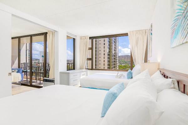 Bedroom with a beautiful mountain view.