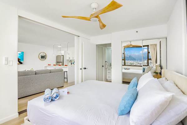 Relax in your spacious king-sized bed in the bedroom, privately separated from the living area by a sliding door.